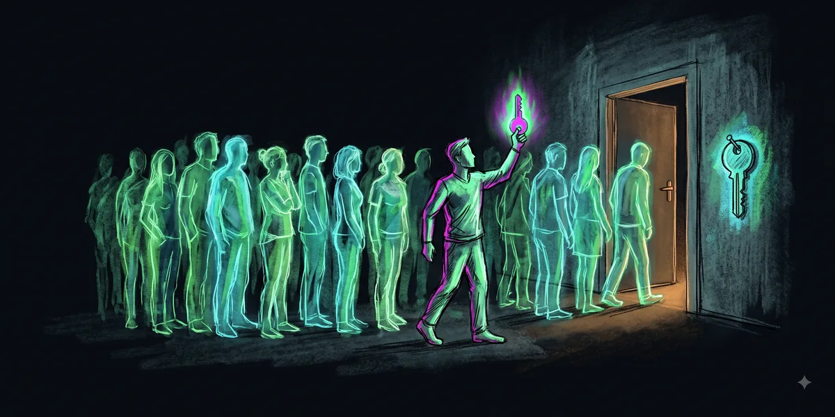 A crowd of translucent, glowing figures queued at a single door, while one figure holds up its own bright key, distinct from the shared key hanging on the wall