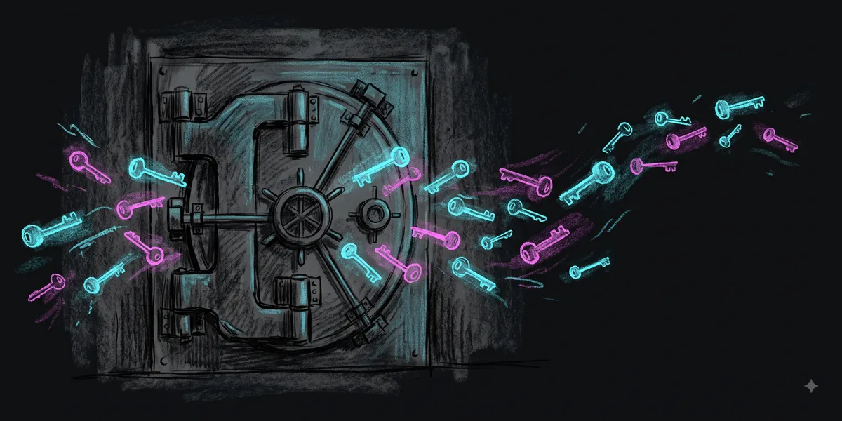 A heavy vault door closed and locked, while dozens of glowing keys float out through the wall around it, drifting into the dark