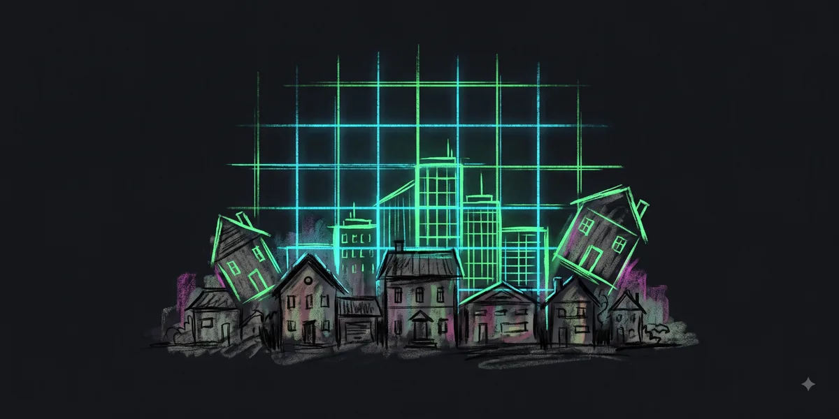A city skyline being redrawn by a glowing blueprint grid descending over hand-built houses, with some houses drifting out of alignment with the grid